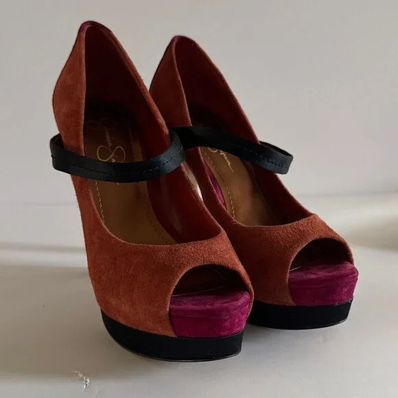 Women’s Suede Peep Toe Heels Size 8.5 M Orange Black Pink Color block Formal - Picture 4 of 14